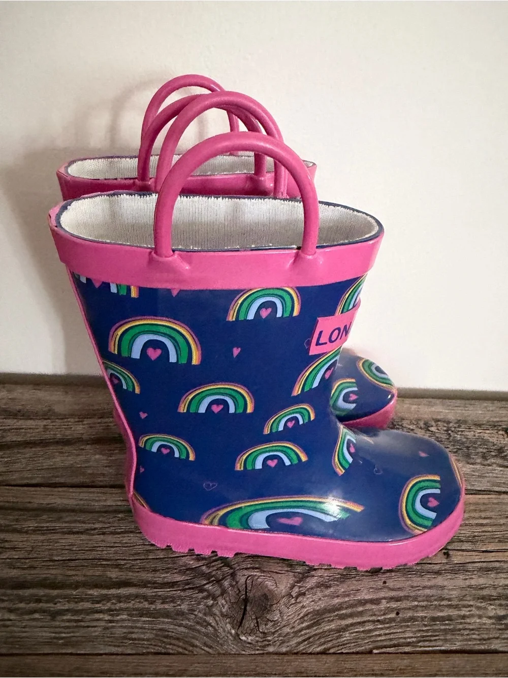 Girls Navy Rainbow Print Rain Boots with Pink Trim